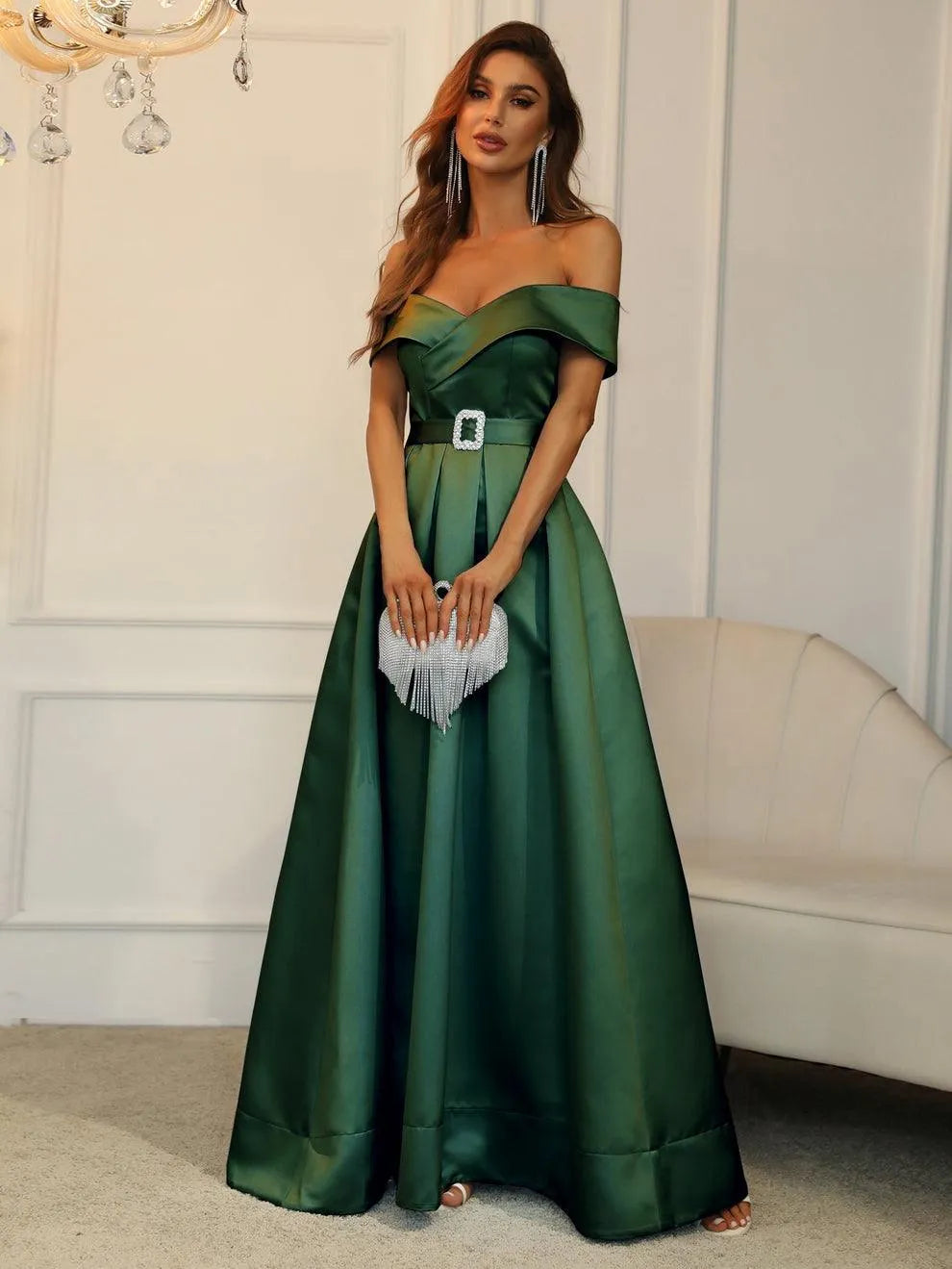 Off Shoulder Buckle Belted Satin Ball Gown - Elonnashop