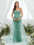 Maternity One Shoulder Mesh Overlay Sequin Party Dress - Elonnashop