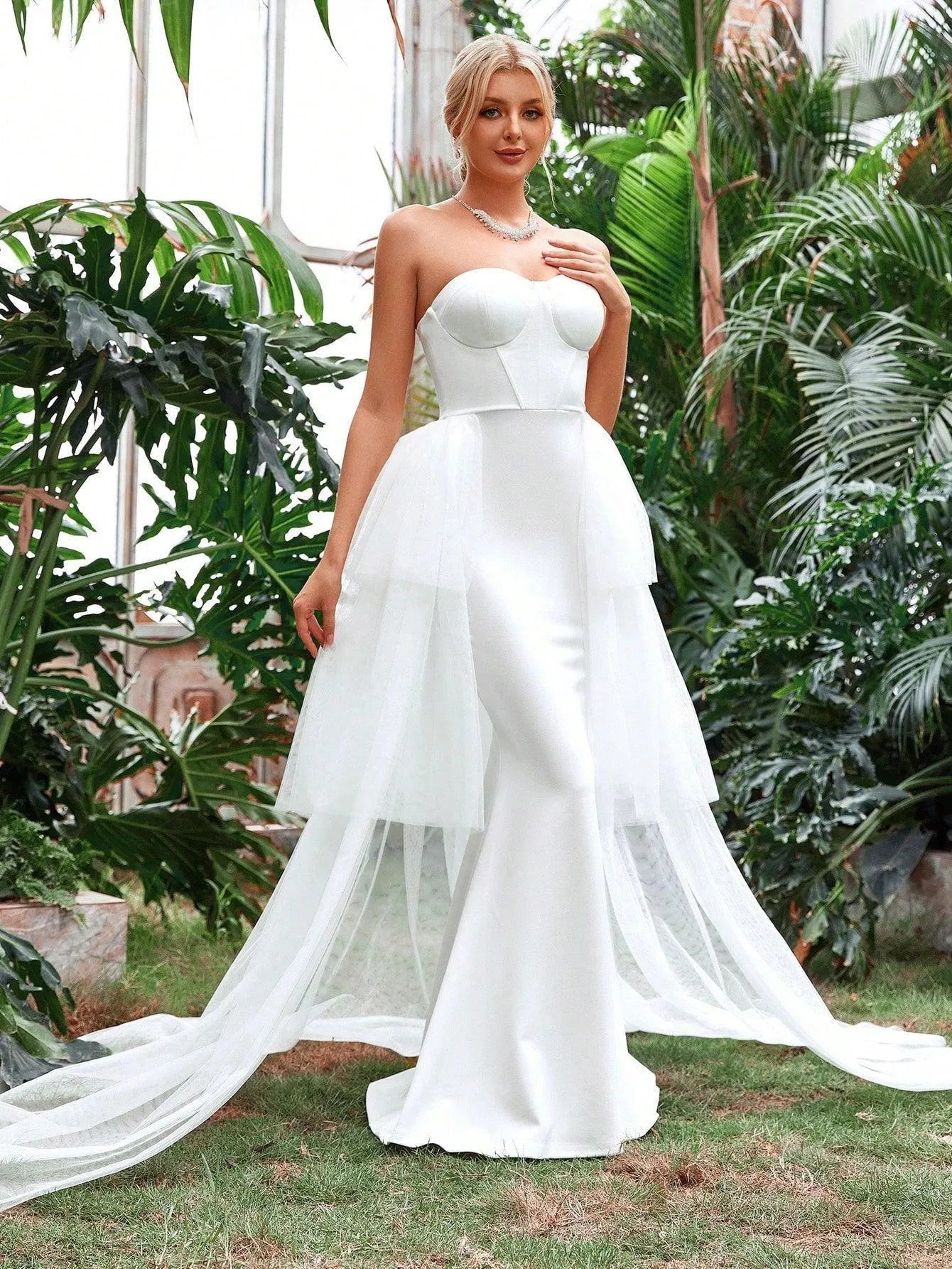 Mesh Overlay Mermaid Hem Tube Wedding Dresses - Elonnashop