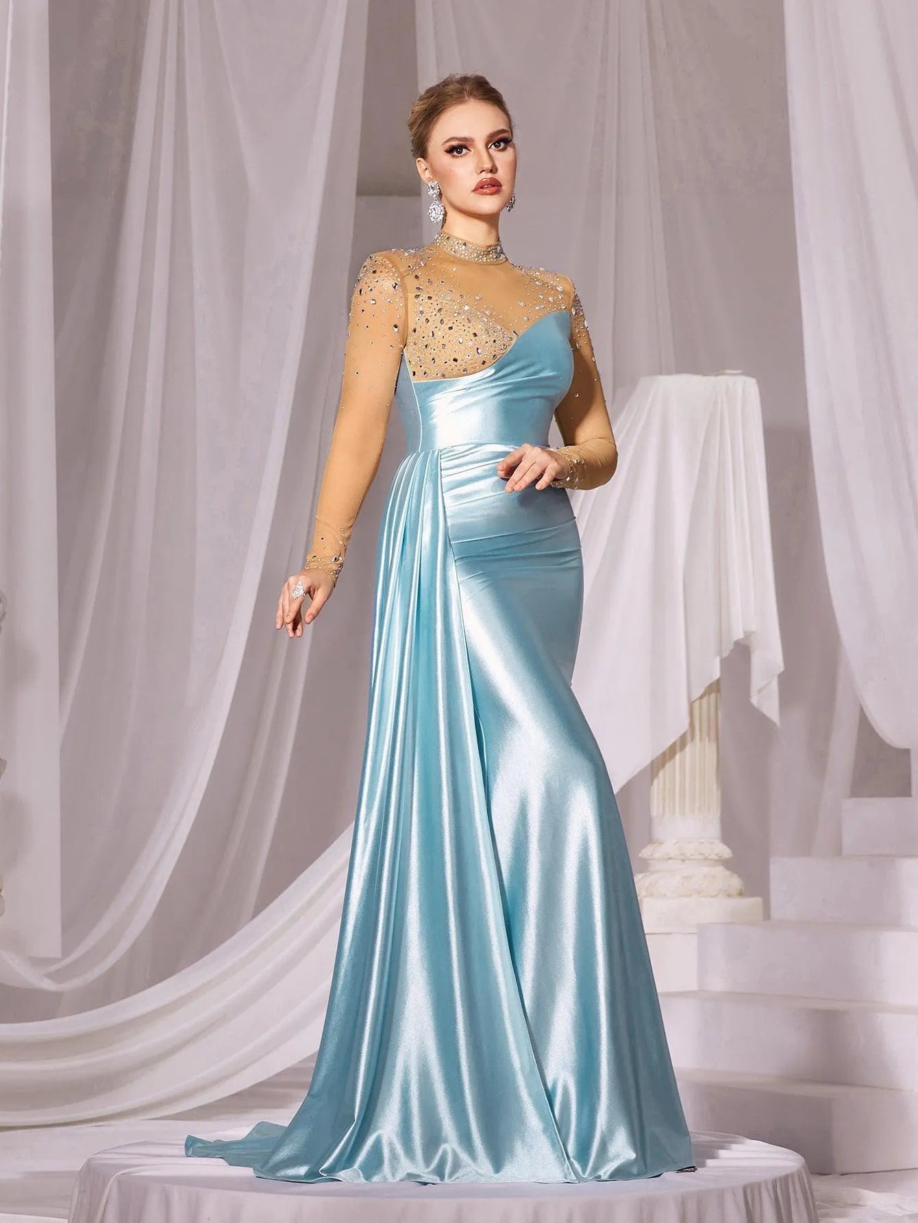 Rhinestone Detail Mock Neck Satin Mermaid Prom Dress - Elonnashop