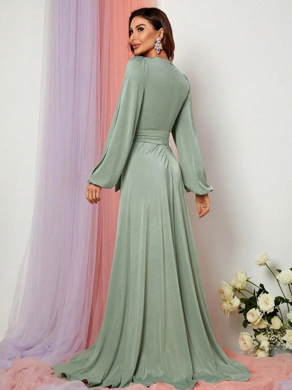 Elegant V Neck Slit Long Sleeve A-Line Dress - Elonnashop