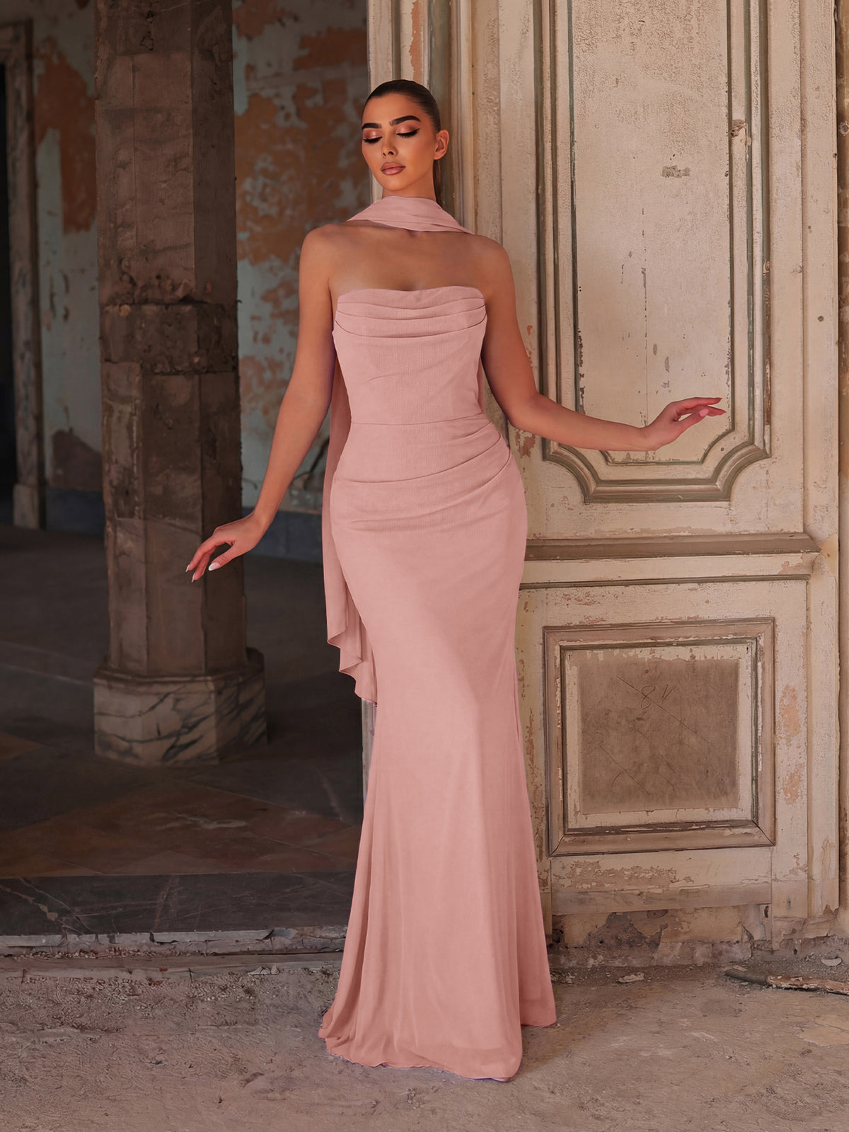 Strapless Chiffon Maxi Dress with Detached Neck Scarf & Draped Detail | Elegant Open Back Gown for Evening Party & Formal Occasions