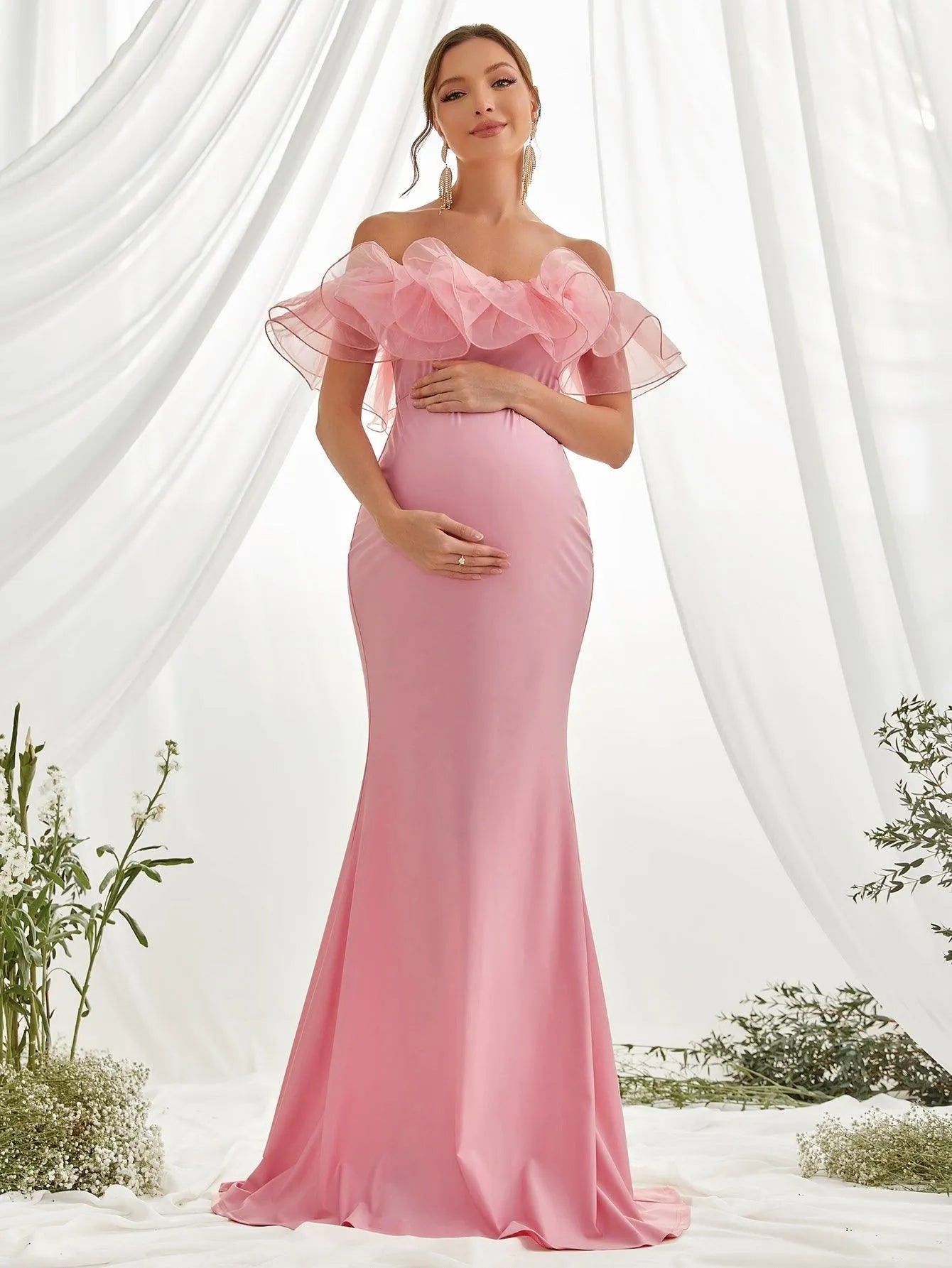 Maternity Ruffle Trim Off Shoulder Mermaid Hem Party Dress - Elonnashop