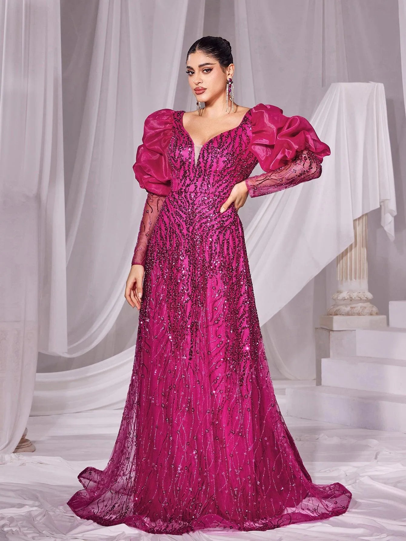 Gorgeous Plunging Neck Gigot Sleeves Maxi Prom Dress - Elonnashop