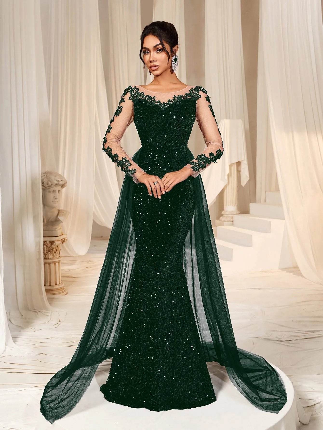 Elegant Sheer Sleeves Mesh Train Sequin Evening Dress Elonnashop Elegant Sheer Sleeves Mesh Train Sequin Evening Dress Elonnashop