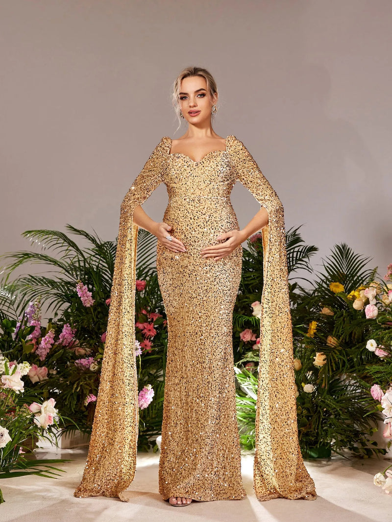 slim fit dress slacks Momyknows Champagne Sequin Tassel Backless Bodycon Cocktail Party Baby Shower Maternity Midi Dress Champagne / S main image 0