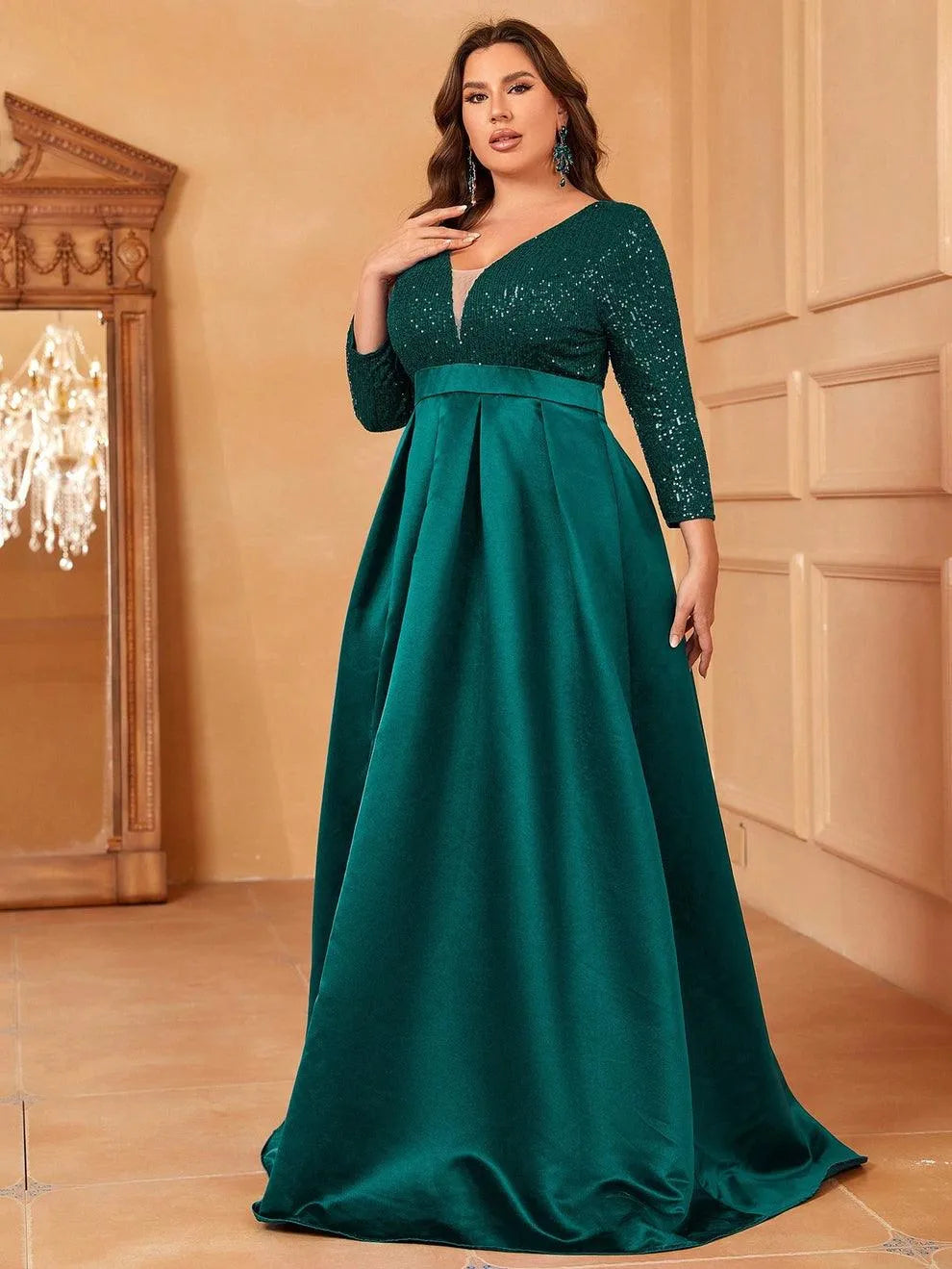 Plus Deep V Neck 3/4 Sleeve Slit A Line Prom Dress - Elonnashop