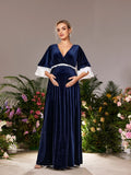 Maternity V Neck Half Sleeves Velvet Party Dress