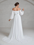 Off Shoulder Lantern Sleeves Chiffon Wedding Dress - Elonnashop