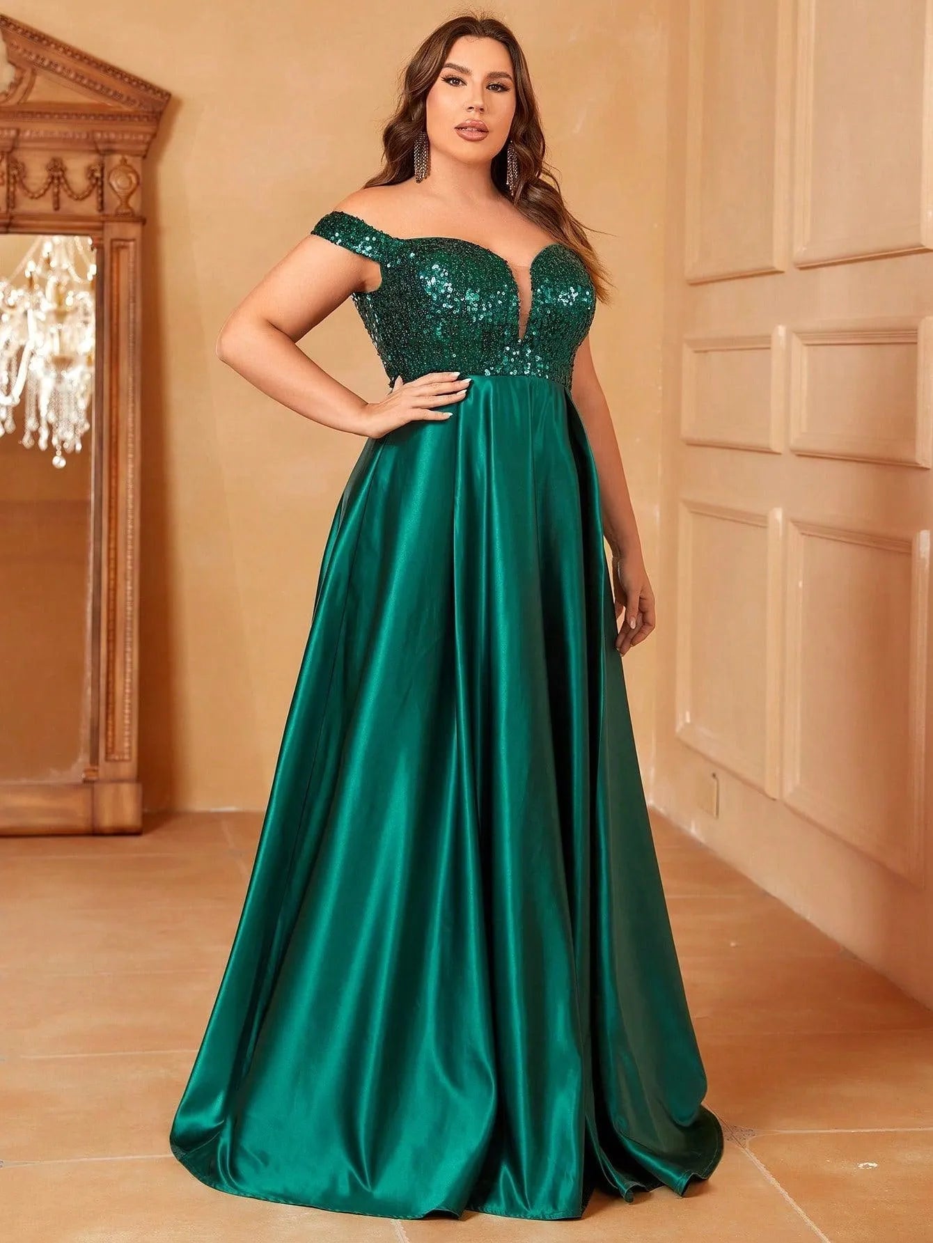 Plus Sweetheart Neckline Contrast Sequin Satin Prom Dress - Elonnashop