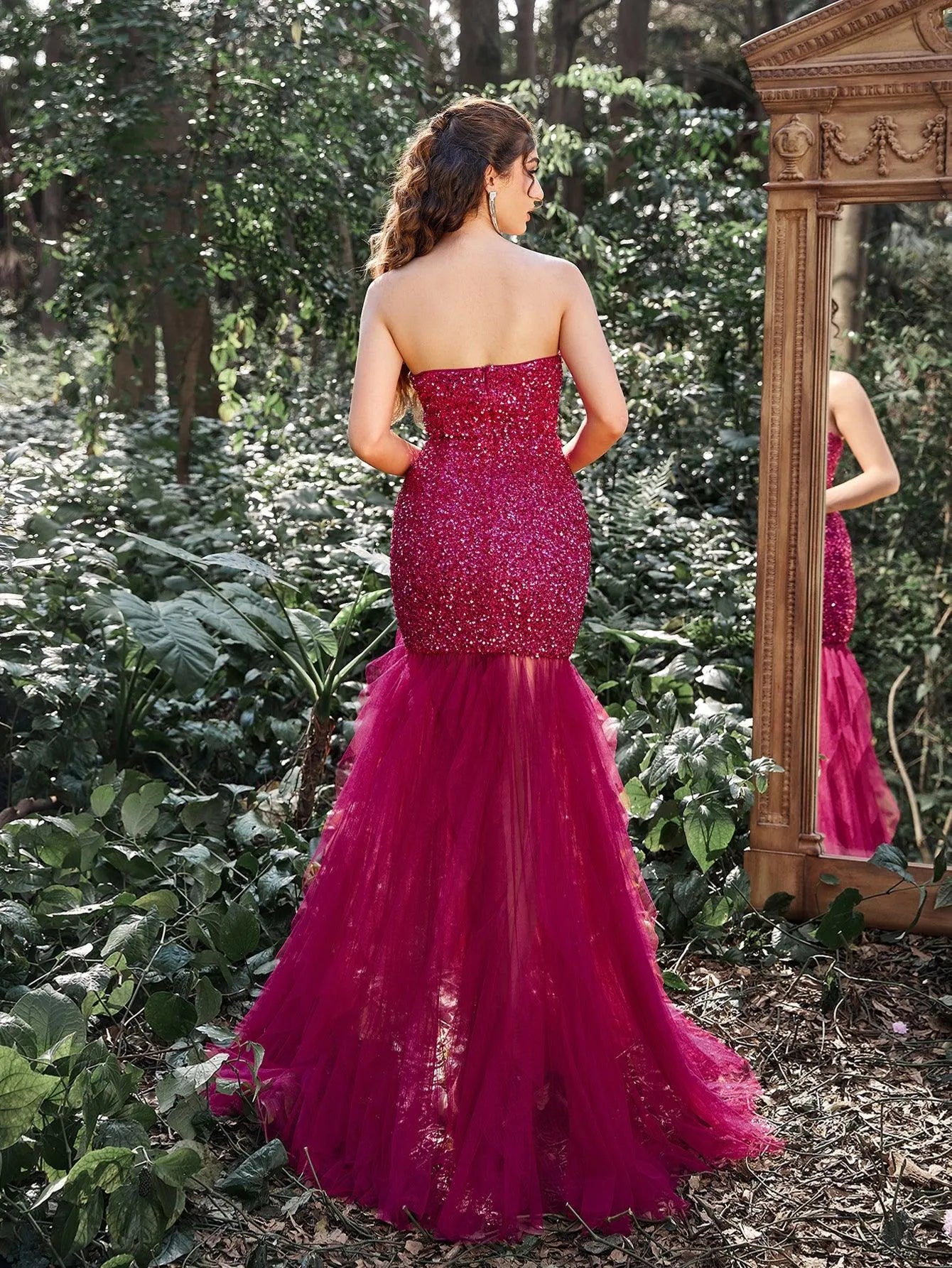 Gorgeous Sequin Bodice Contrast Cascading Tulle Train Strapless Evening Dress - Elonnashop