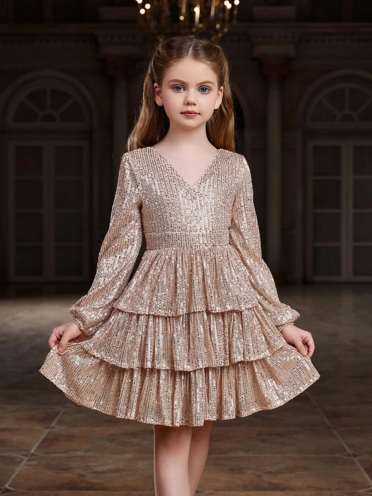 Tween Girls' Backless V Neck Layered Hem Sequin Party Dress - Elonnashop