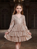 Tween Girls' Backless V Neck Layered Hem Sequin Party Dress - Elonnashop