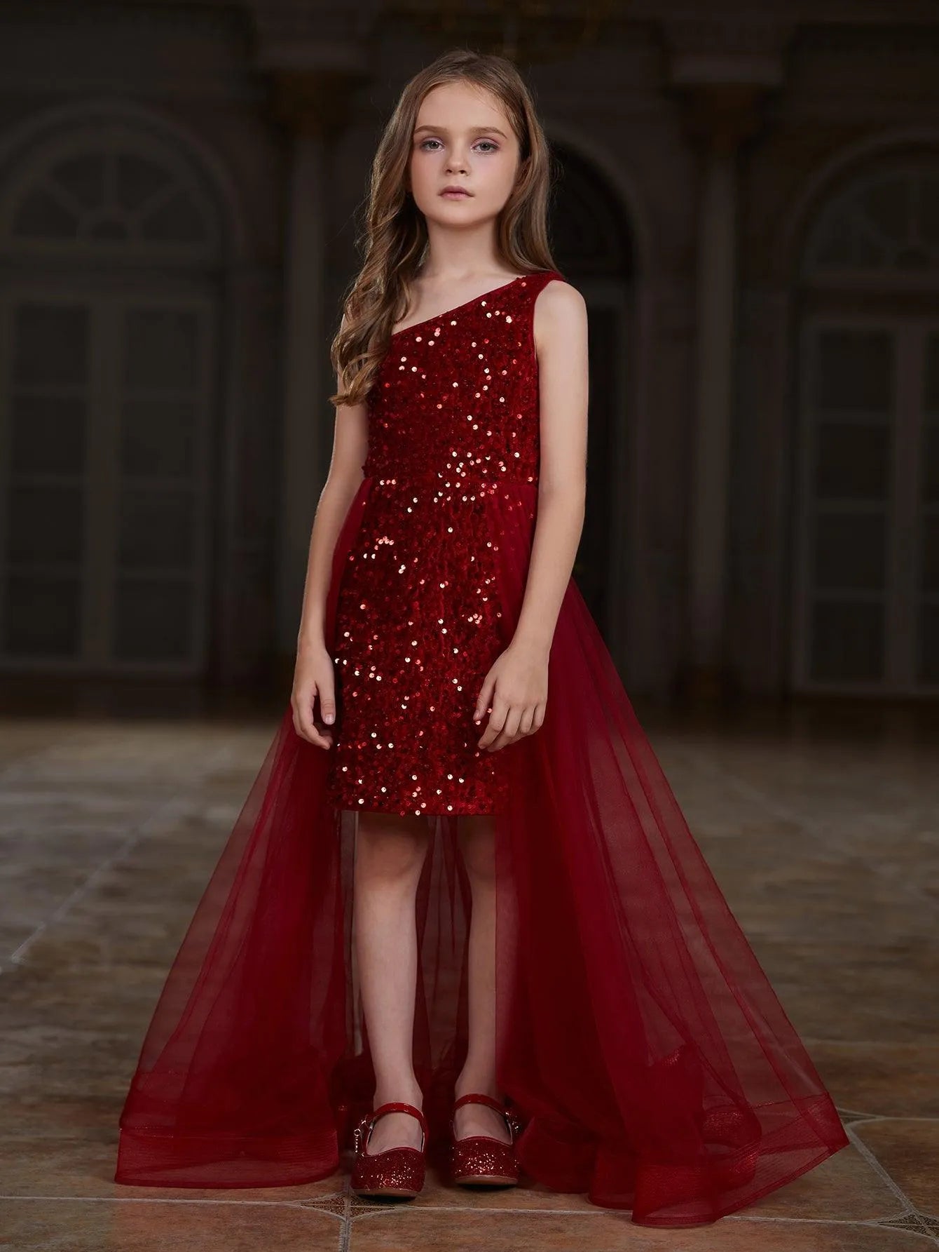 Tween Girls' Asymmetrical Neckline Mesh Overlay Sequin Dress - Elonnashop