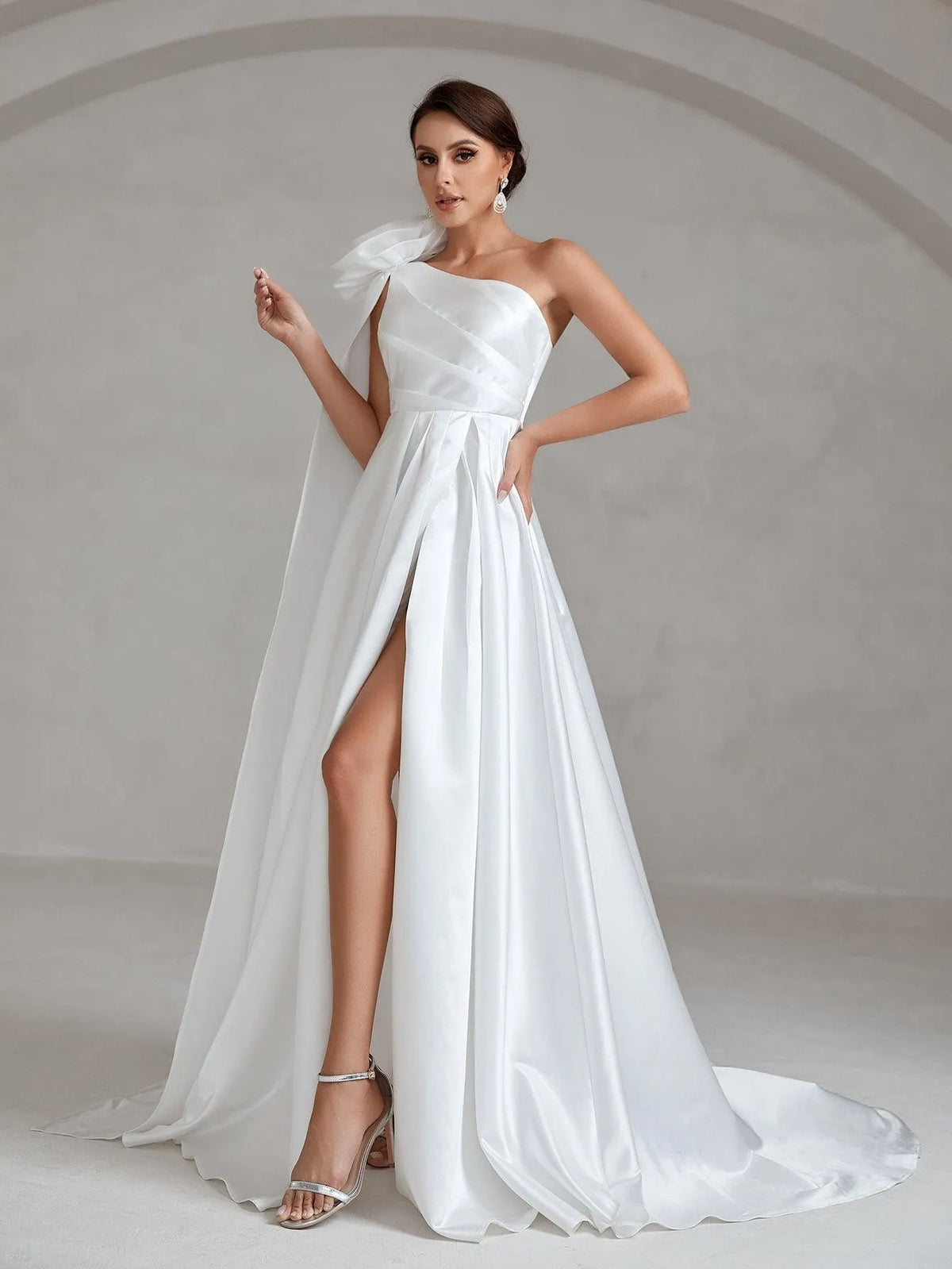 Stereo Flower One Shoulder Split Satin Wedding Dress - Elonnashop