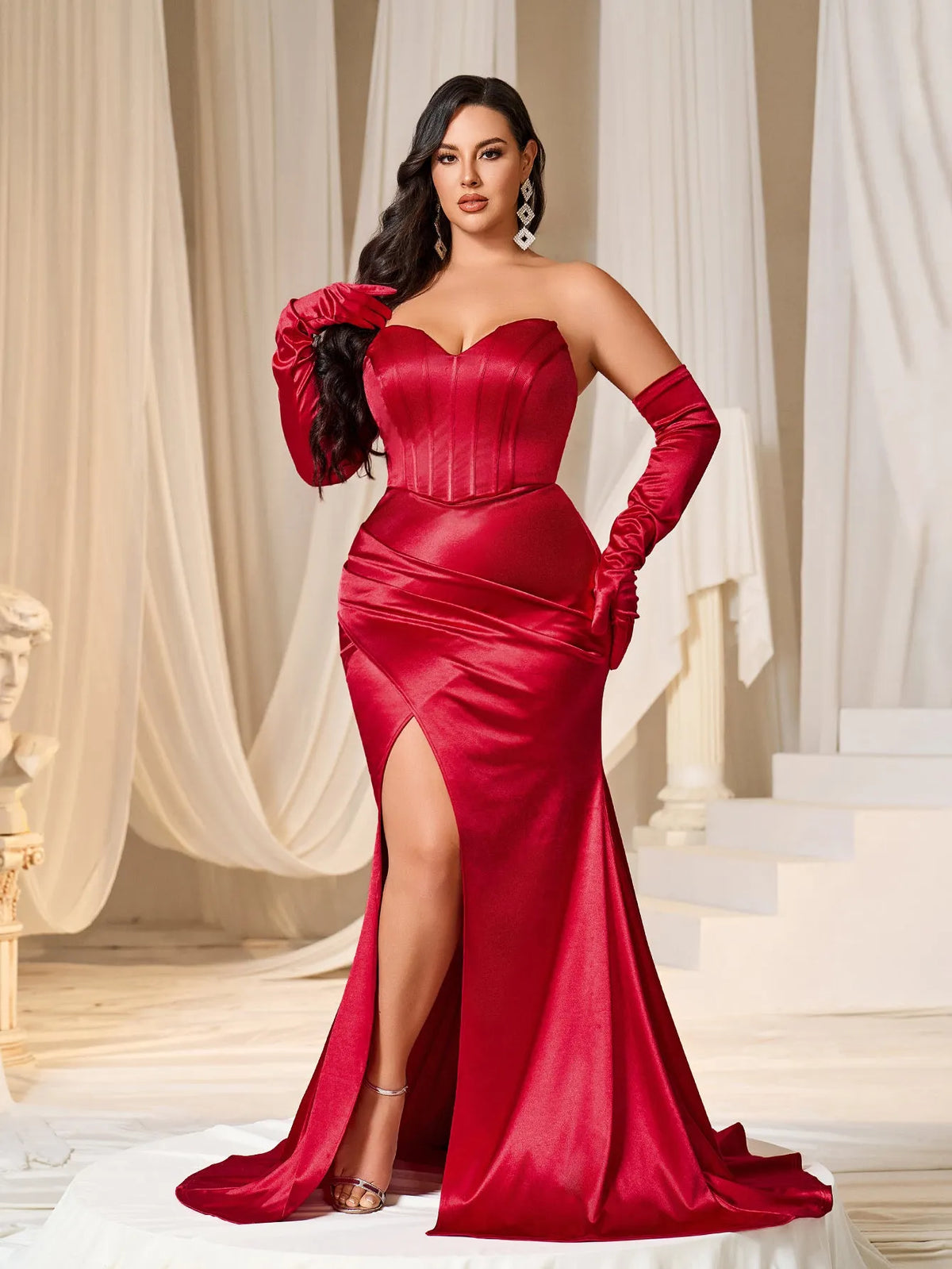 Plus Ruched Wrap Hem Satin Tube Prom Dress（Gloves Included）