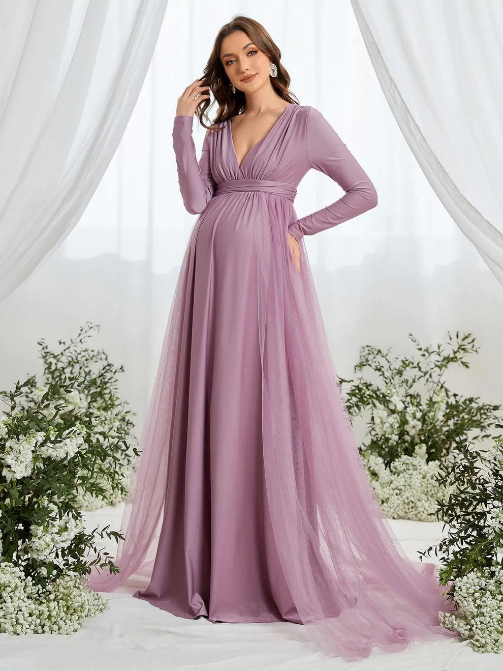 white christmas dresses Maternity Plunging Neck Long Sleeve Contrast Mesh Formal Dress Green / S white christmas dresses Maternity Plunging Neck Long Sleeve Contrast Mesh Formal Dress Green / S
