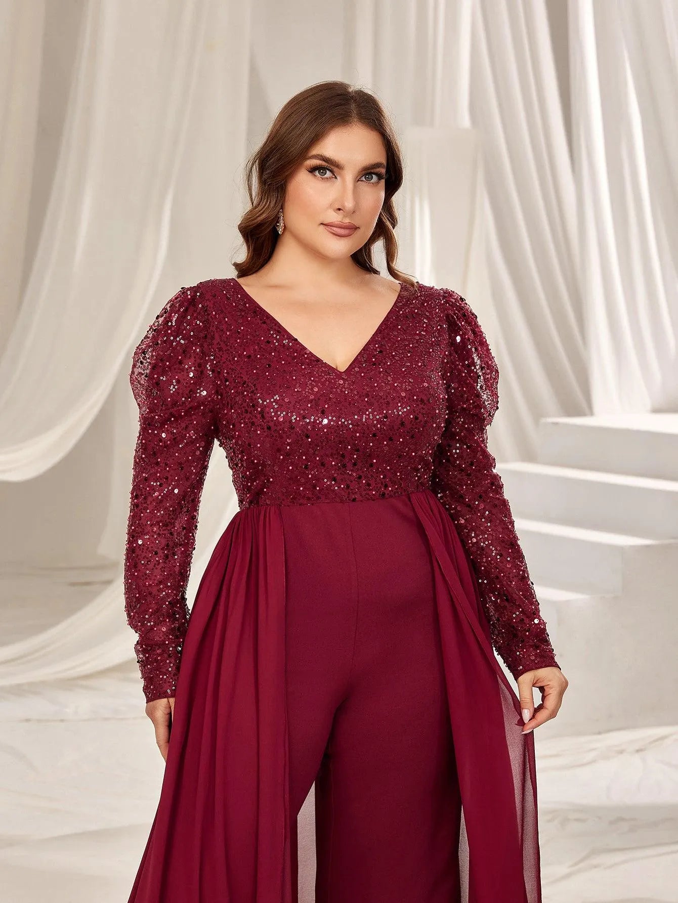 Plus V Neck Gigot Sleeves Sequin Prom Jumpsuit - Elonnashop