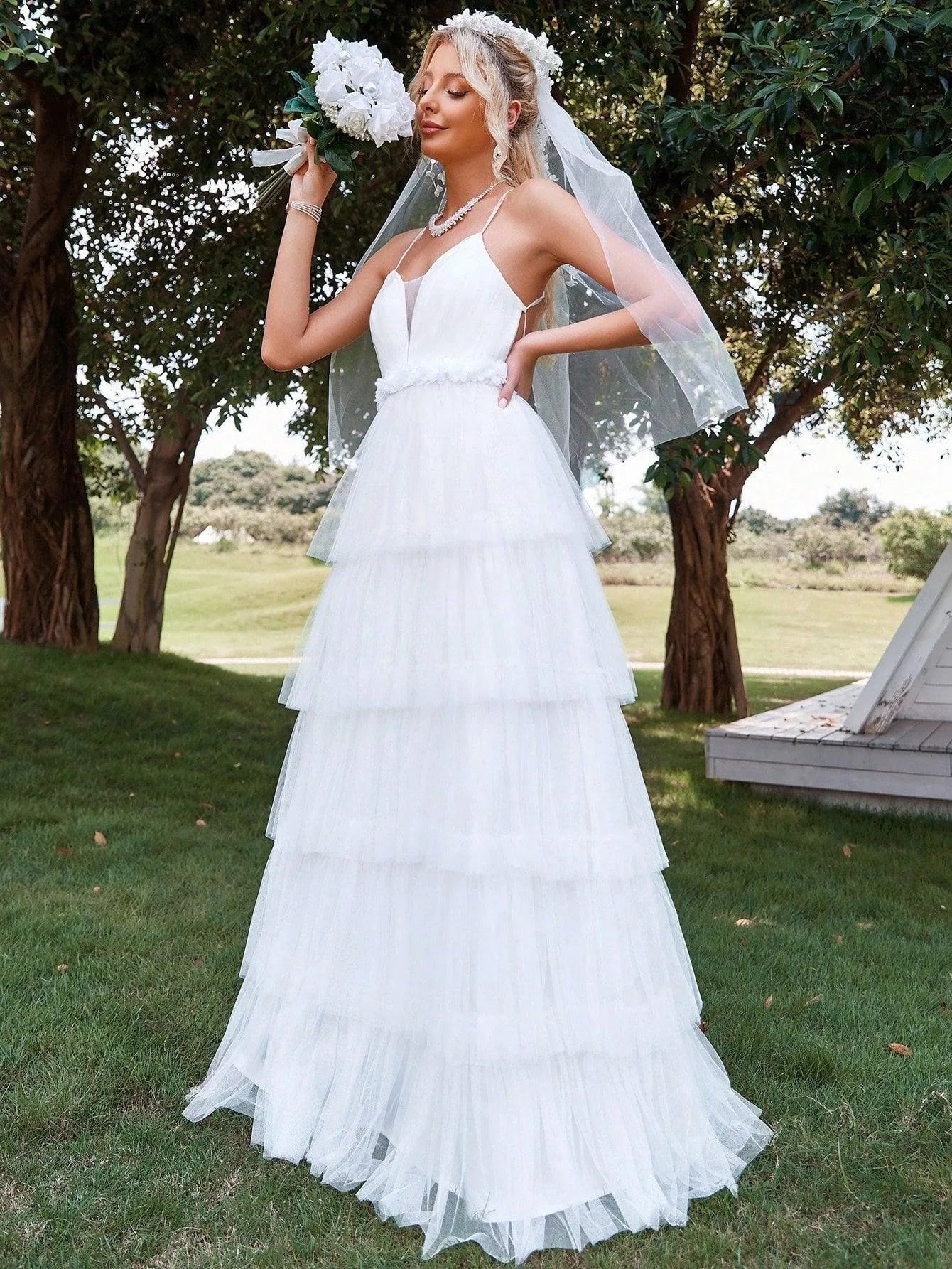 Cascading Ruffle Mesh Cami Wedding Dresses（Headpiece Not Included） - Elonnashop