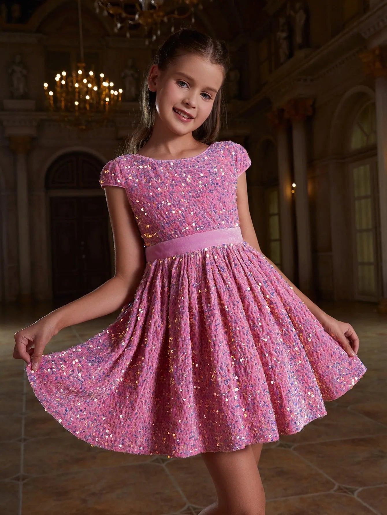 Tween Girls' Bow Back Sequin A Line Dress - Elonnashop