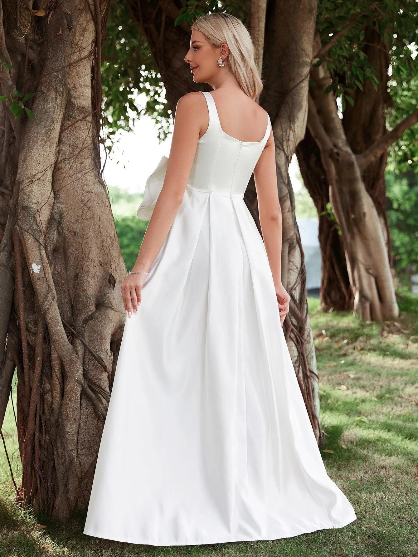 Bow Front Square Neck Sleeveless Satin Wedding Dresses Elonnashop Bow Front Square Neck Sleeveless Satin Wedding Dresses Elonnashop