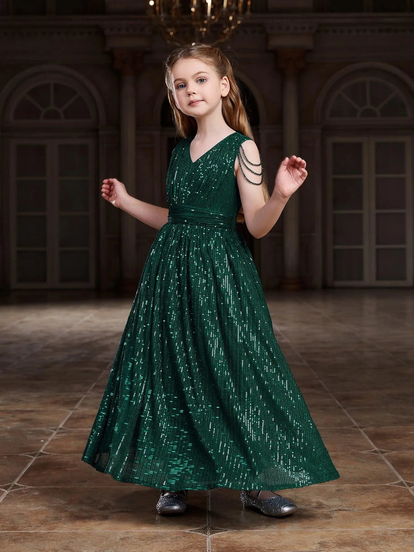 Tween Girls' V Neck Chain Detail Sequin Party Dress - Elonnashop