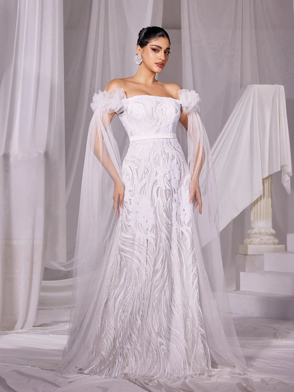 Elegant Off Shoulder Cloak Sleeves Wedding Dress - Elonnashop