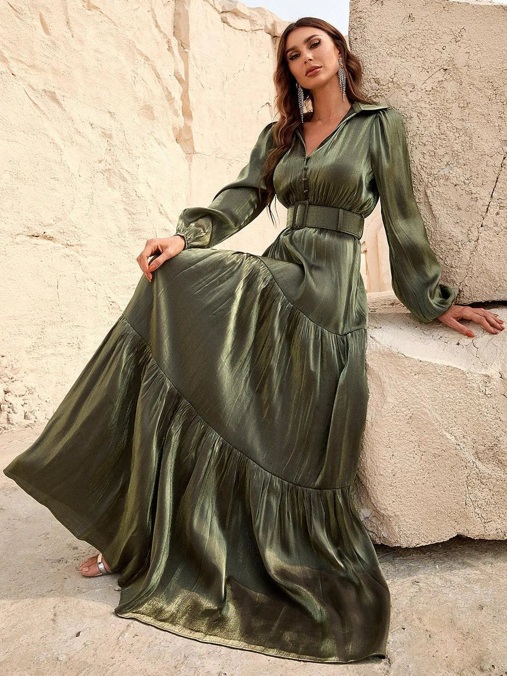 Elegant Bishop Sleeves Ruffle Hem Belted Dress - Elonnashop