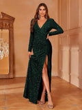 Elegant Surplice Neck Ruched Sequin Party Dress - Elonnashop