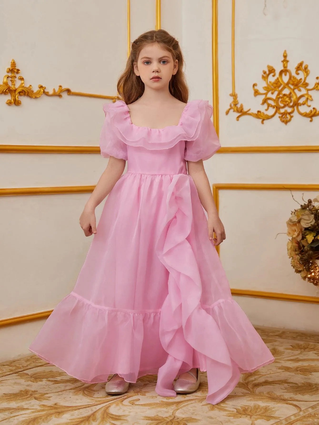 Tween Girls' Ruffle Trim Puff Sleeves Organza Party Dress - Elonnashop