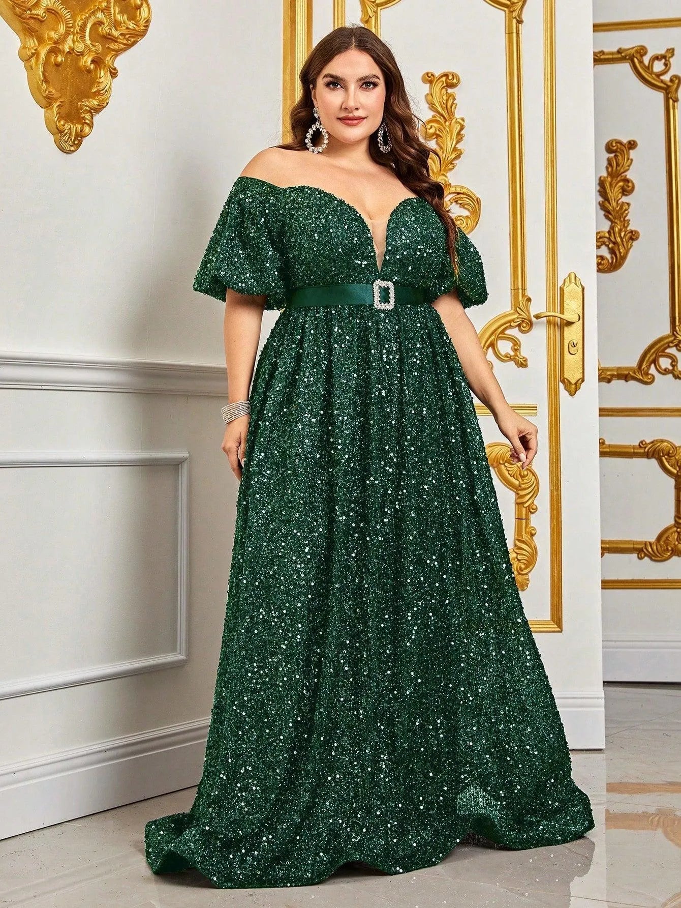 Plus Off Shoulder Puff Sleeves Sequin Formal Dress - Elonnashop