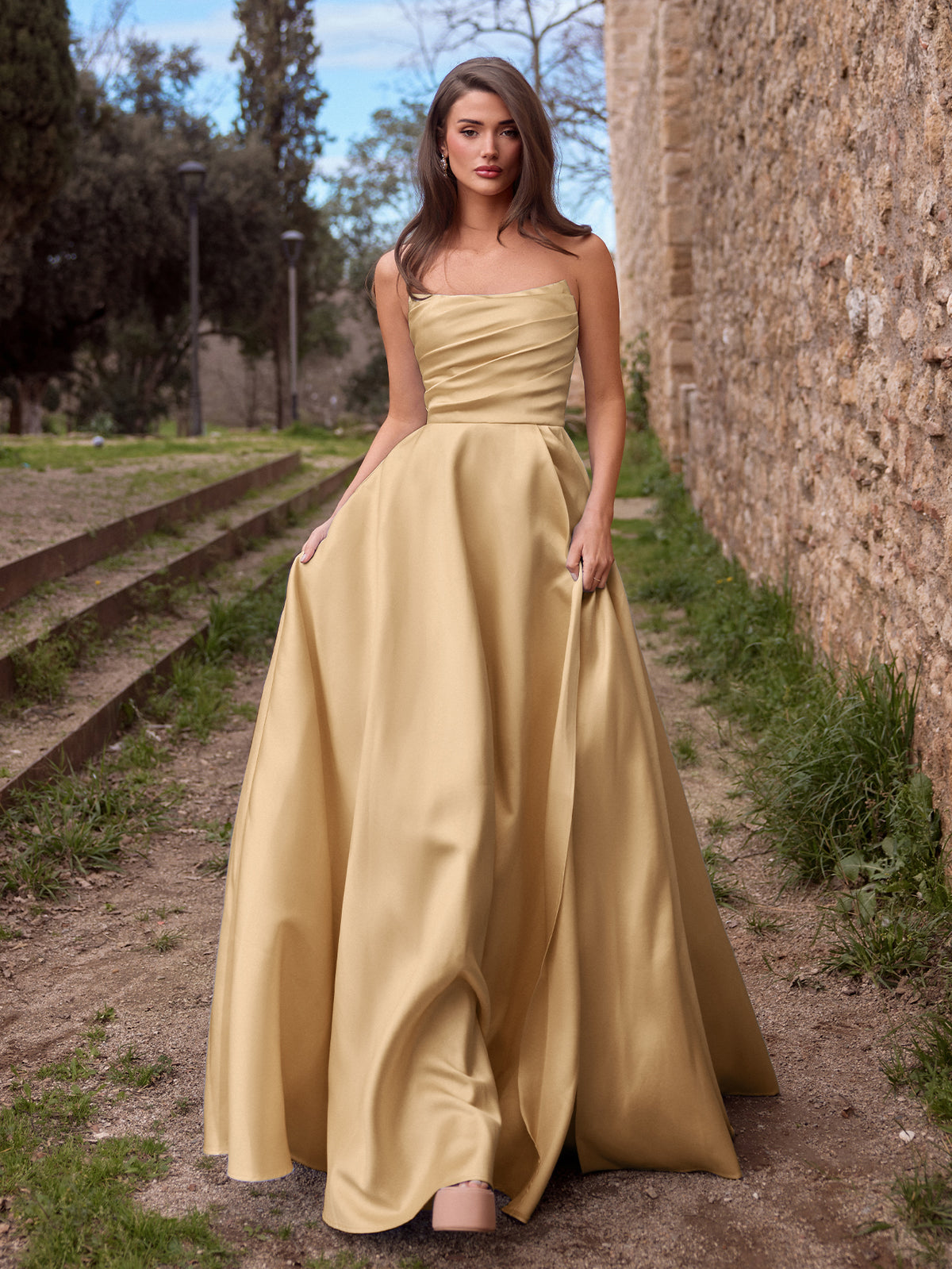 Elegant Strapless Satin Maxi Dress with High Front Slit, Open Back Lace-Up Corset, Flowy A-Line Skirt for Galas, Weddings, Prom