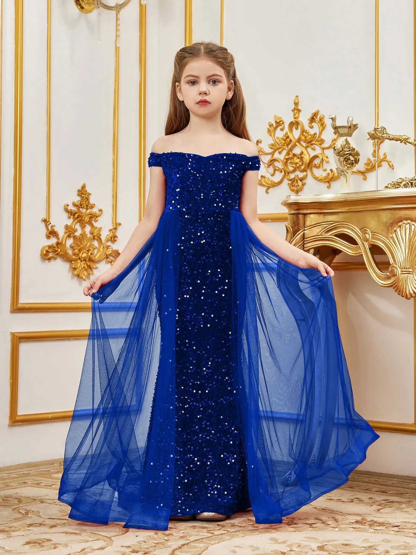 Tween Prom Tween Girls' Off Shoulder Mesh Overlay Sequined Prom Dress – Elonnashop