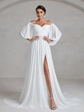 Off Shoulder Lantern Sleeves Chiffon Wedding Dress - Elonnashop