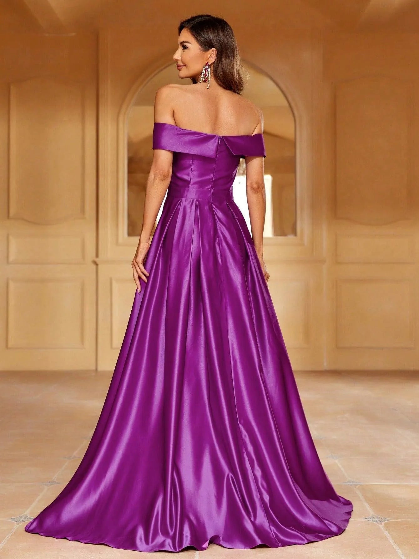 Off Shoulder Floor Length Satin A Line Dress - Elonnashop