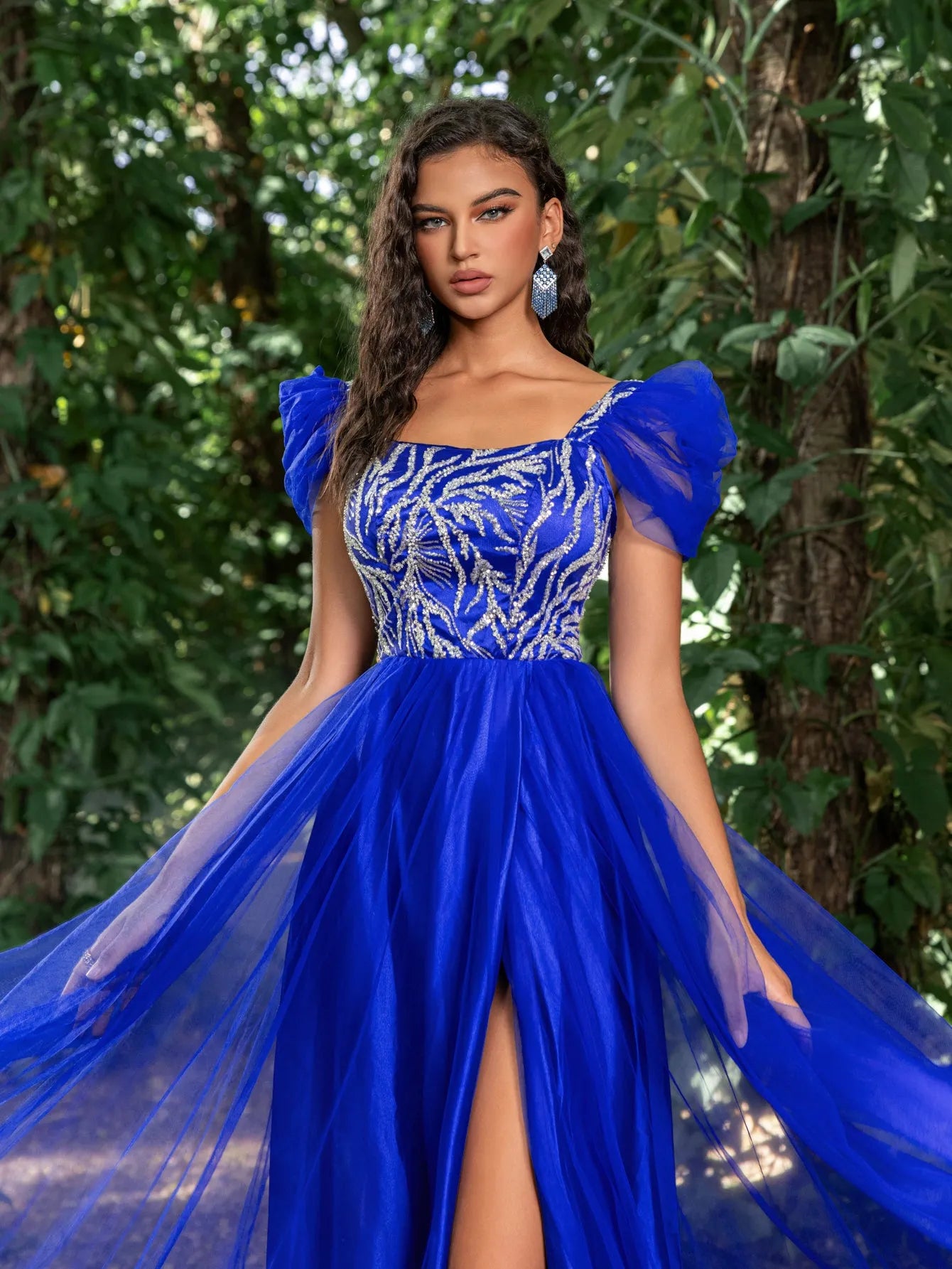 Elegant Beaded Sequin Bodice Contrast Mesh Hem Prom Dress