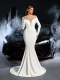 Elegant Pearl Embellished Mock Neck Long Sleeves Mermaid Hem Wedding Dress