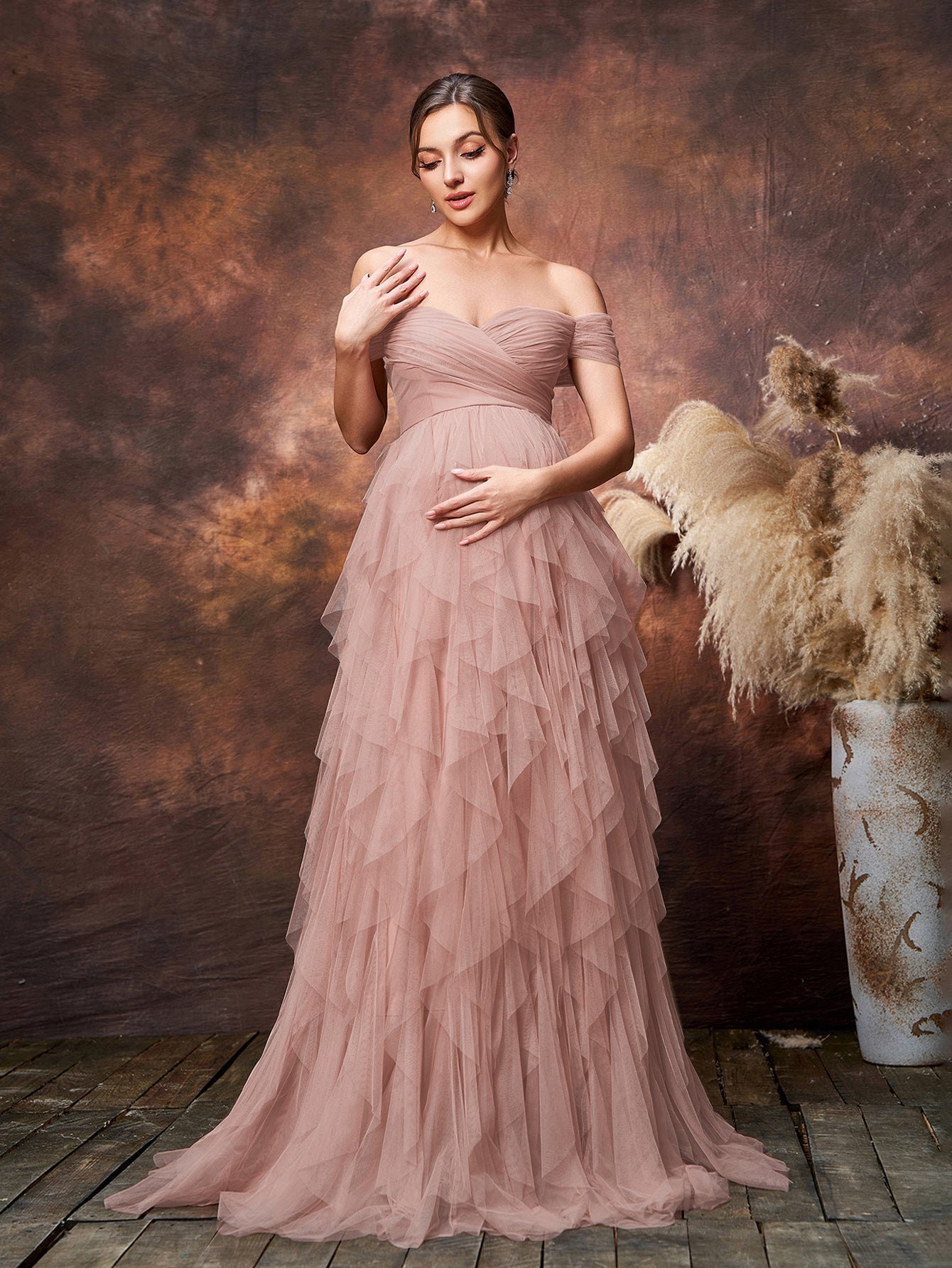 Maternity Off Shoulder Tiered Ruffle Hem Tulle Evening Dress