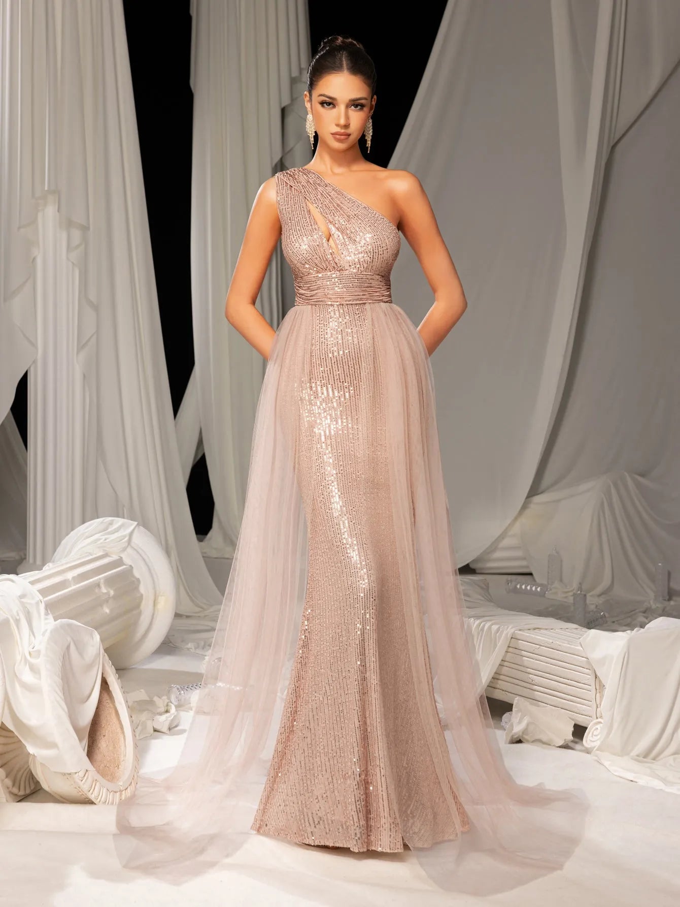 Elegant One Shoulder Sleeveless Mesh Overlay Sequin Formal Prom Dress Evening Dress Burgundy / M Elegant One Shoulder Sleeveless Mesh Overlay Sequin Formal Prom Dress Evening Dress Burgundy / M