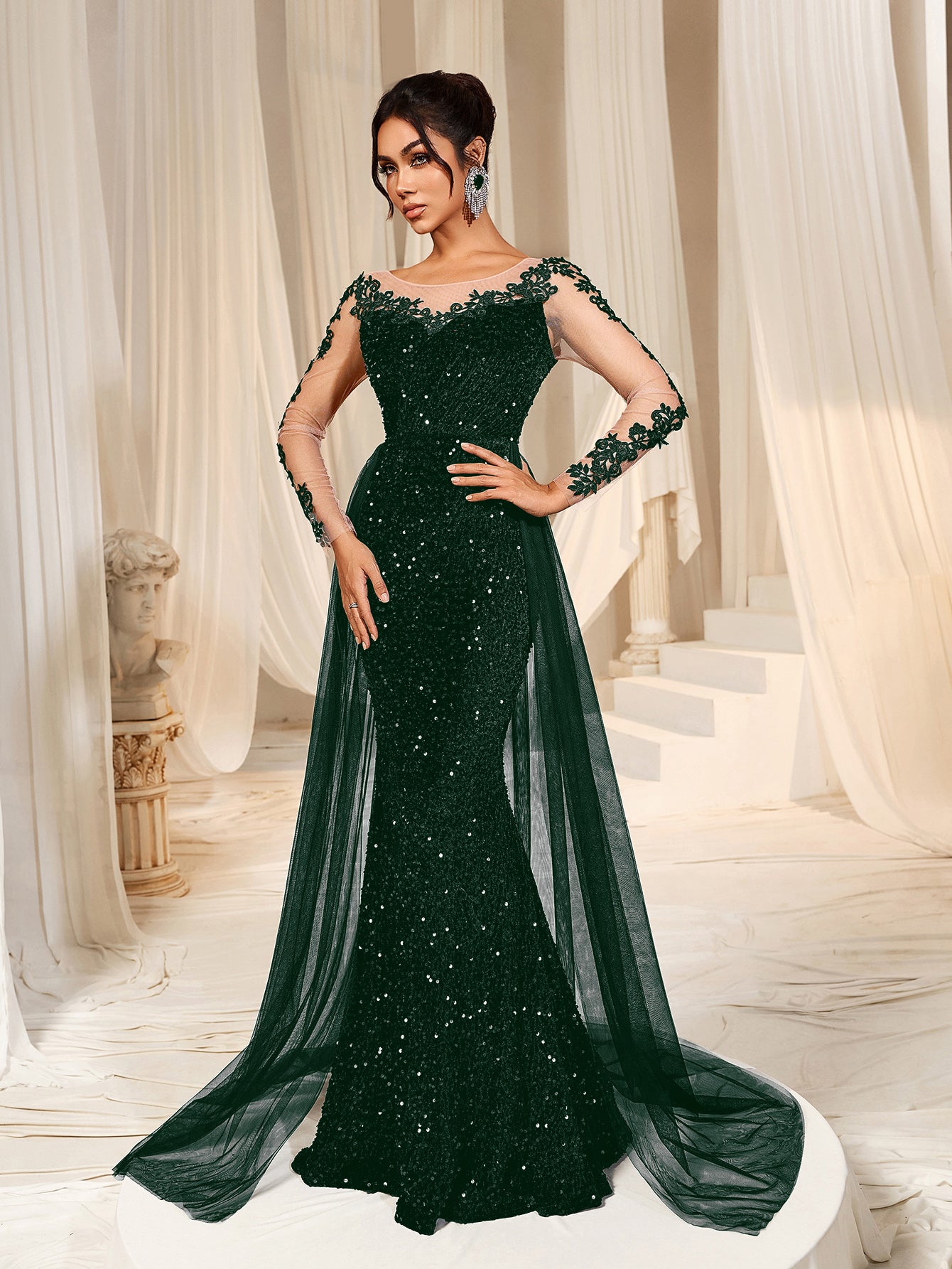 Elegant Sheer Sleeves Mesh Train Sequin Evening Dress