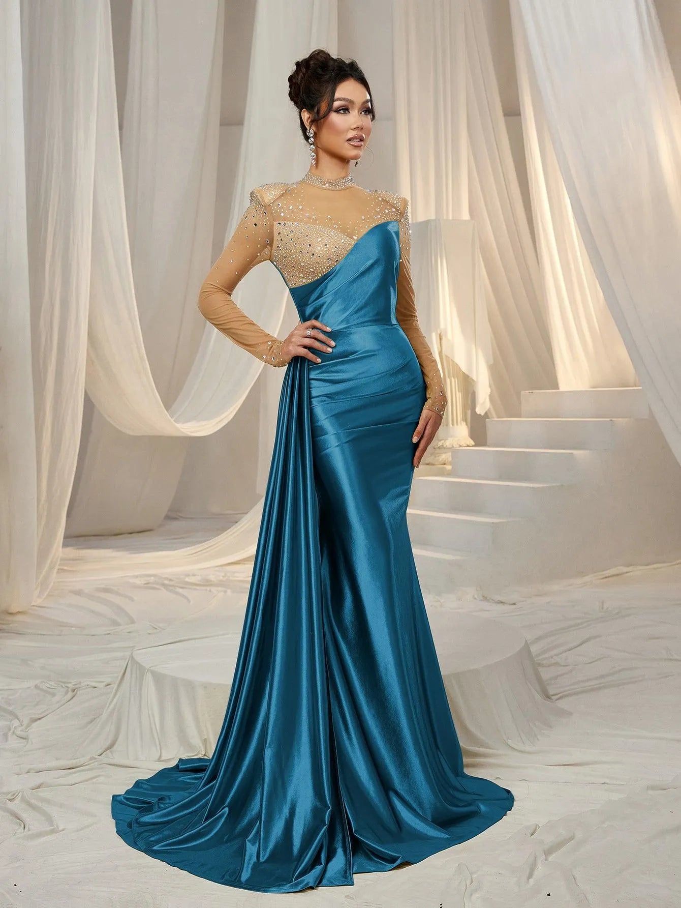 Rhinestone Detail Mock Neck Satin Mermaid Prom Dress - Elonnashop