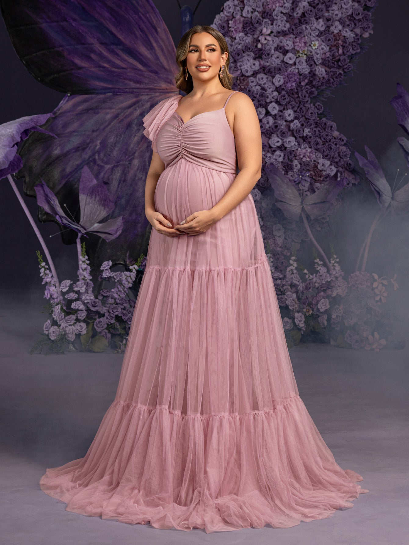 maternity layered dress Maternity Plunging Neck Layered Ruffle Sleeve Mermaid Dress Elonnashop