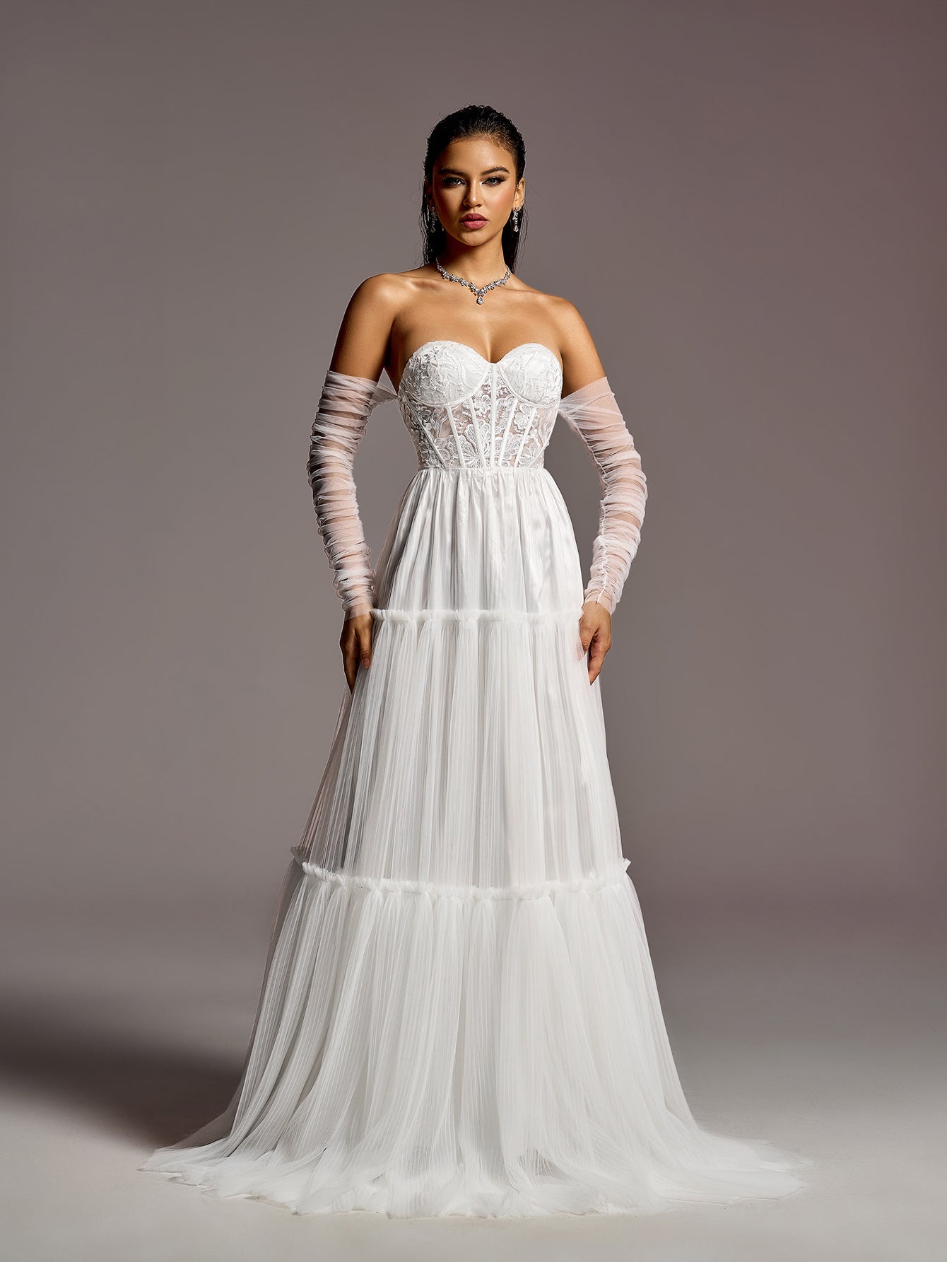 Elegant Lace Corset Bodice Sheer Sleeves A-line Tulle Wedding Dress