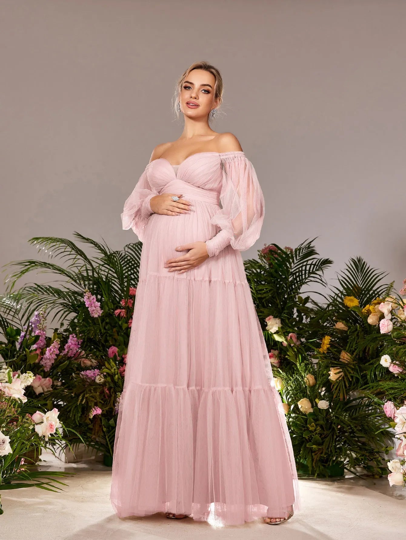 Maternity Off Shoulder Bishop Sleeves Tulle Party Dress