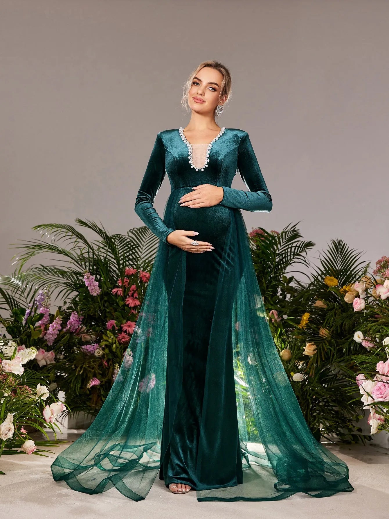 Maternity Pearl Embellished V Neck Mesh Overlay Mermaid Hem Evening Dress