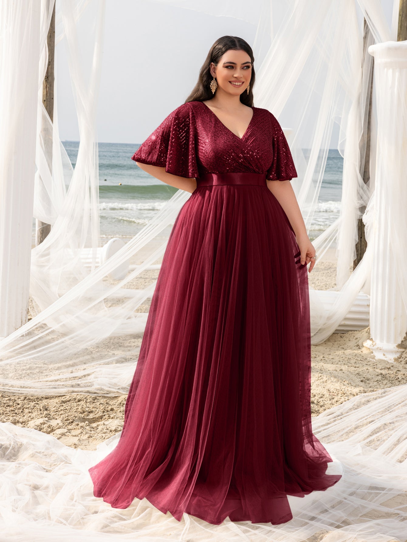 Plus Elegant Surplice Neck Butterfly Sleeves Sequin Evening Dress