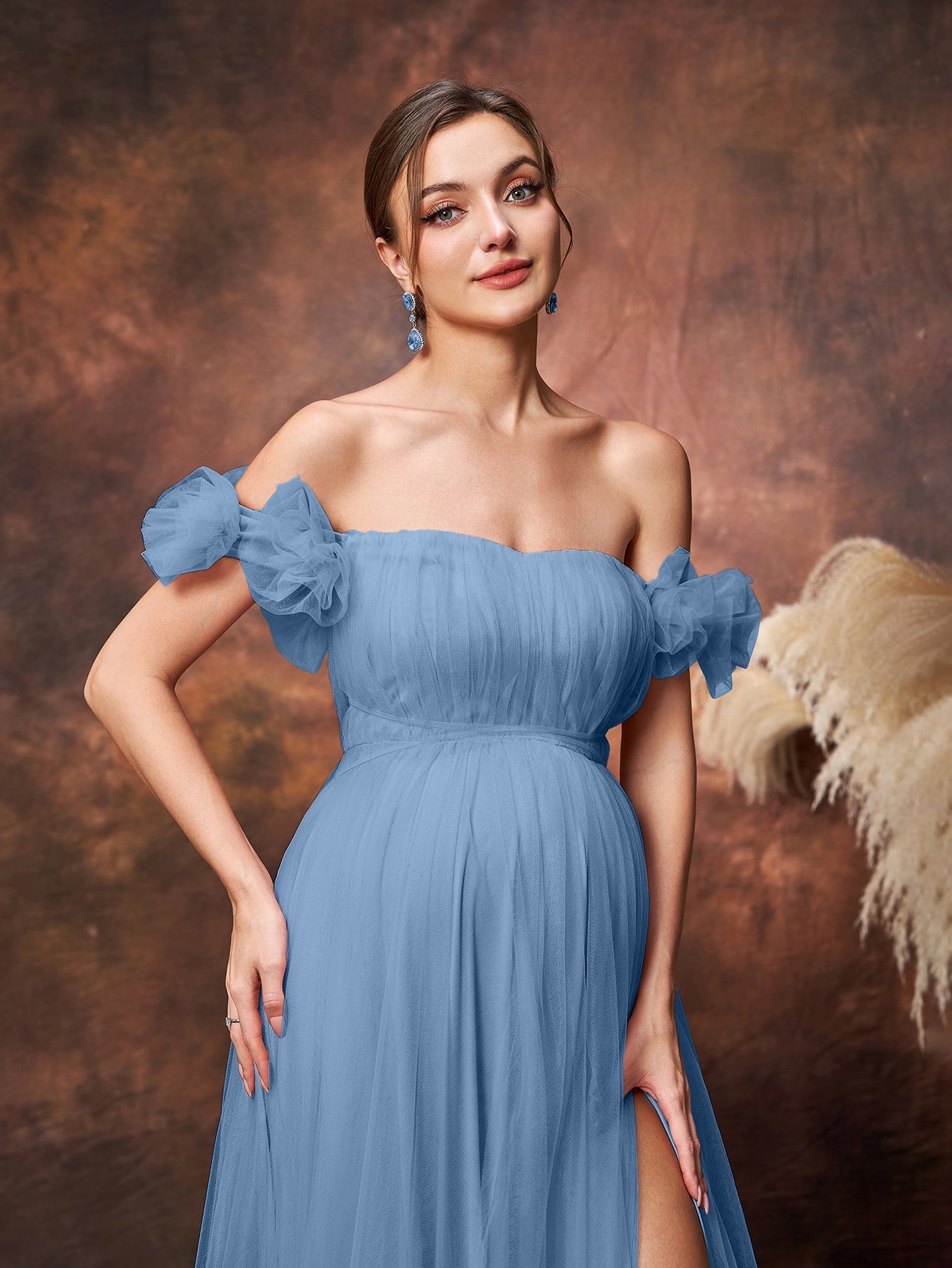 Maternity Off Shoulder Ruched Bust Split Tulle Evening Dress