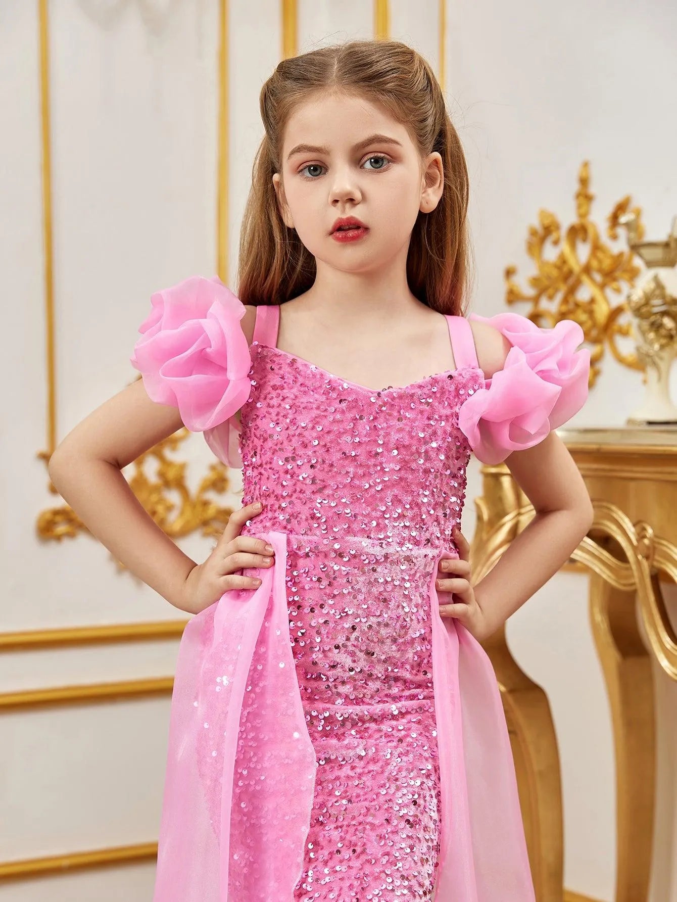 Tween Girls' Sweetheart Collar Mesh Overlay Sequin Mermaid Dress - Elonnashop