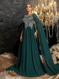 Elegant Chiffon Evening Gown with Embroidered Beaded Bodice, Voluminous Bell Sleeves, Sheer Mesh Neckline & Flowy Floor-Length Skirt