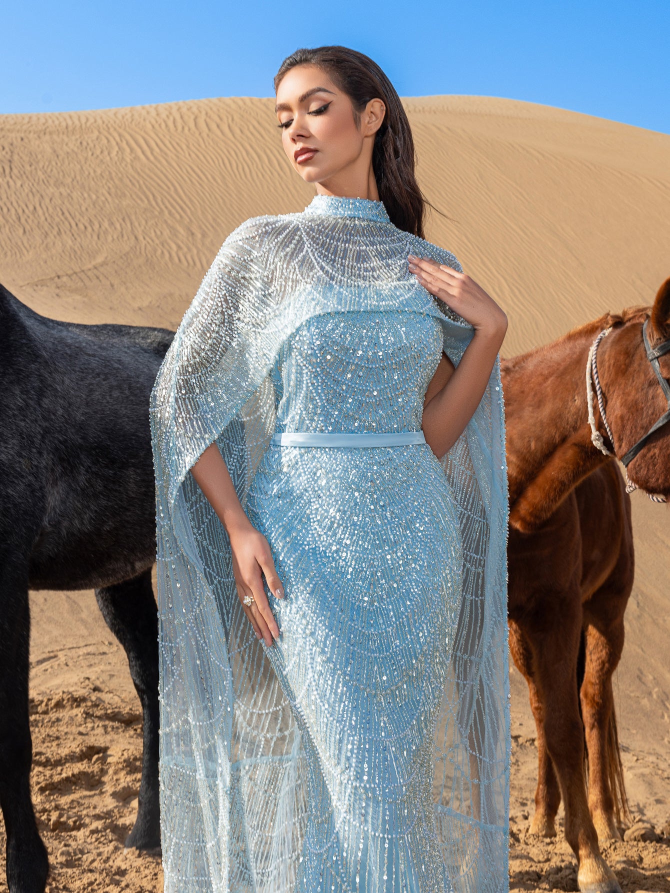 Luxury Gorgeous Mock Neck Mermaid Hem Beaded Sequin Cape Dress